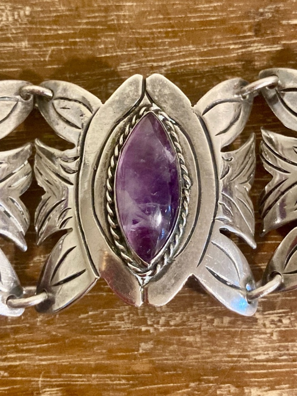 Vintage Mexican Silver & Purple Panel Bracelet • 83g • Handcrafted Boho Style - Picture 12 of 16